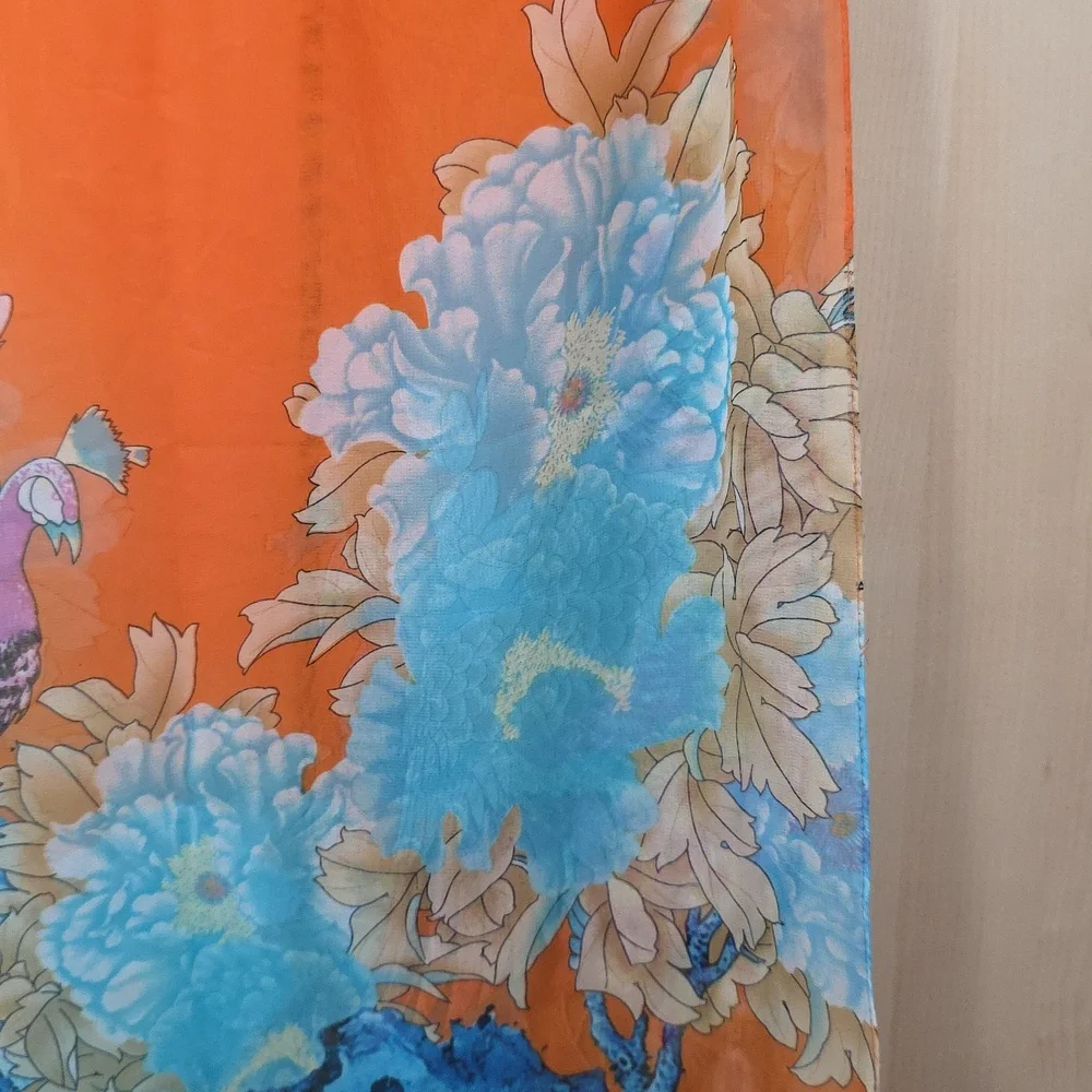 Orange and Blue Floral Scarf, Vibrant, Sheer, 20